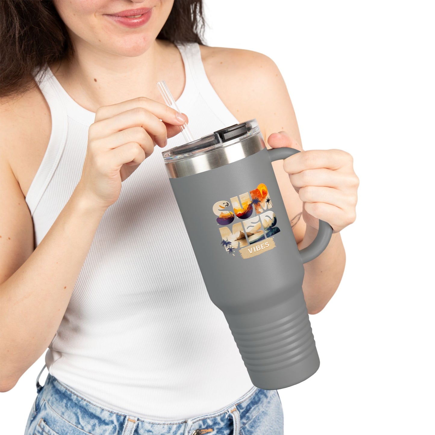 Summer Vibes Tumbler with Handle & Straw | 40 oz Insulated Mug in White, Red, Black, Teal, Blue & Gray