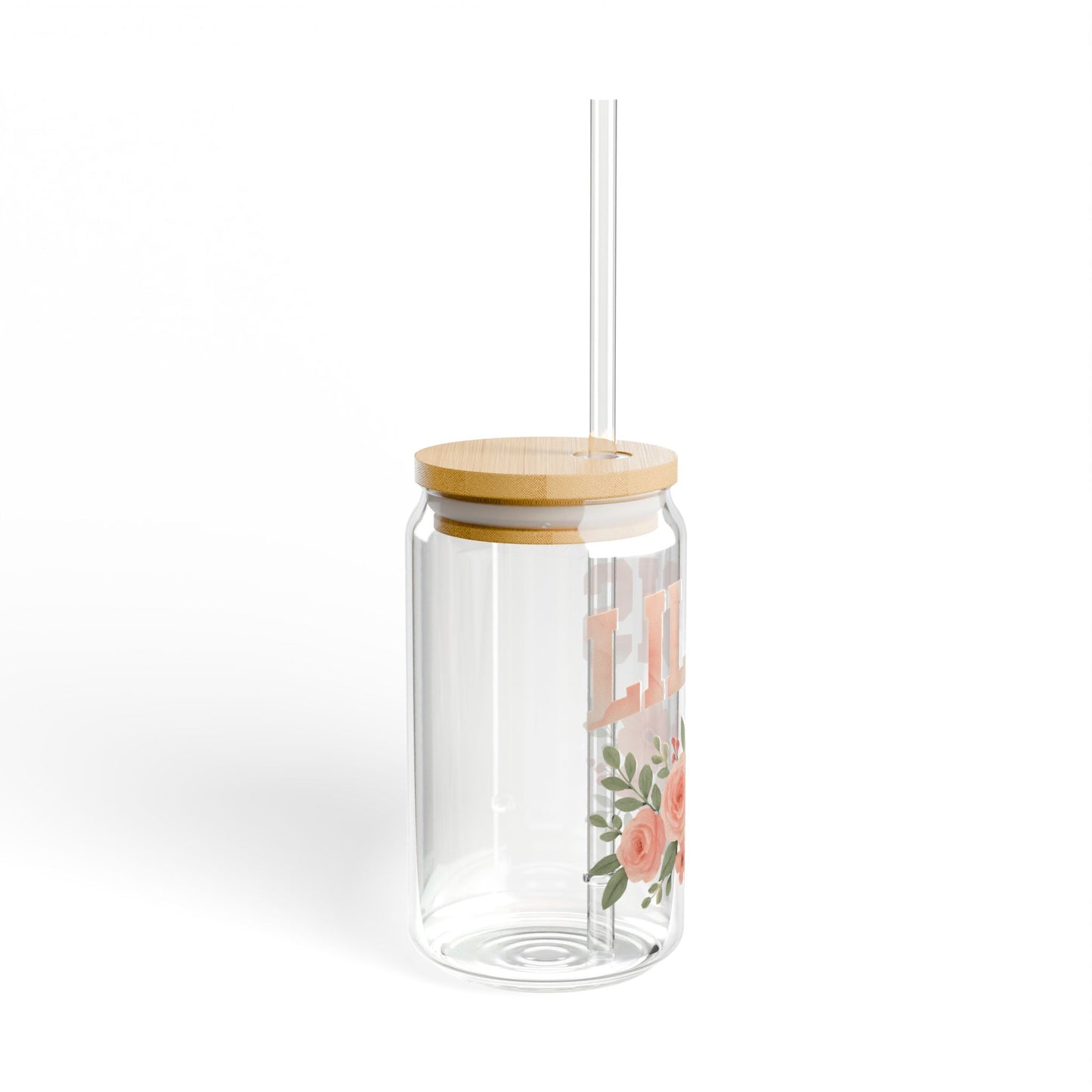 “LIL SIS” Floral Glass Can Tumbler – 16oz with Bamboo Lid & Straw