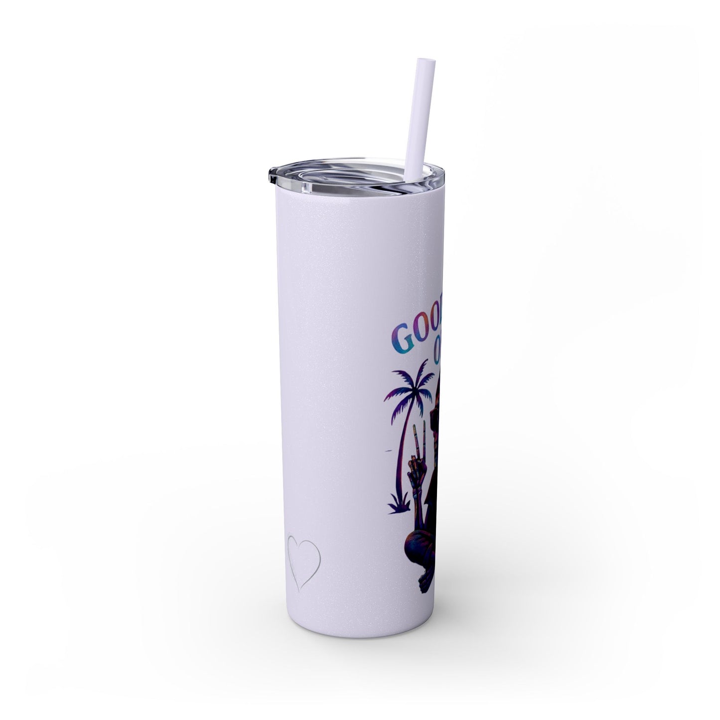 White tumbler with palm tree design and text on a white background
