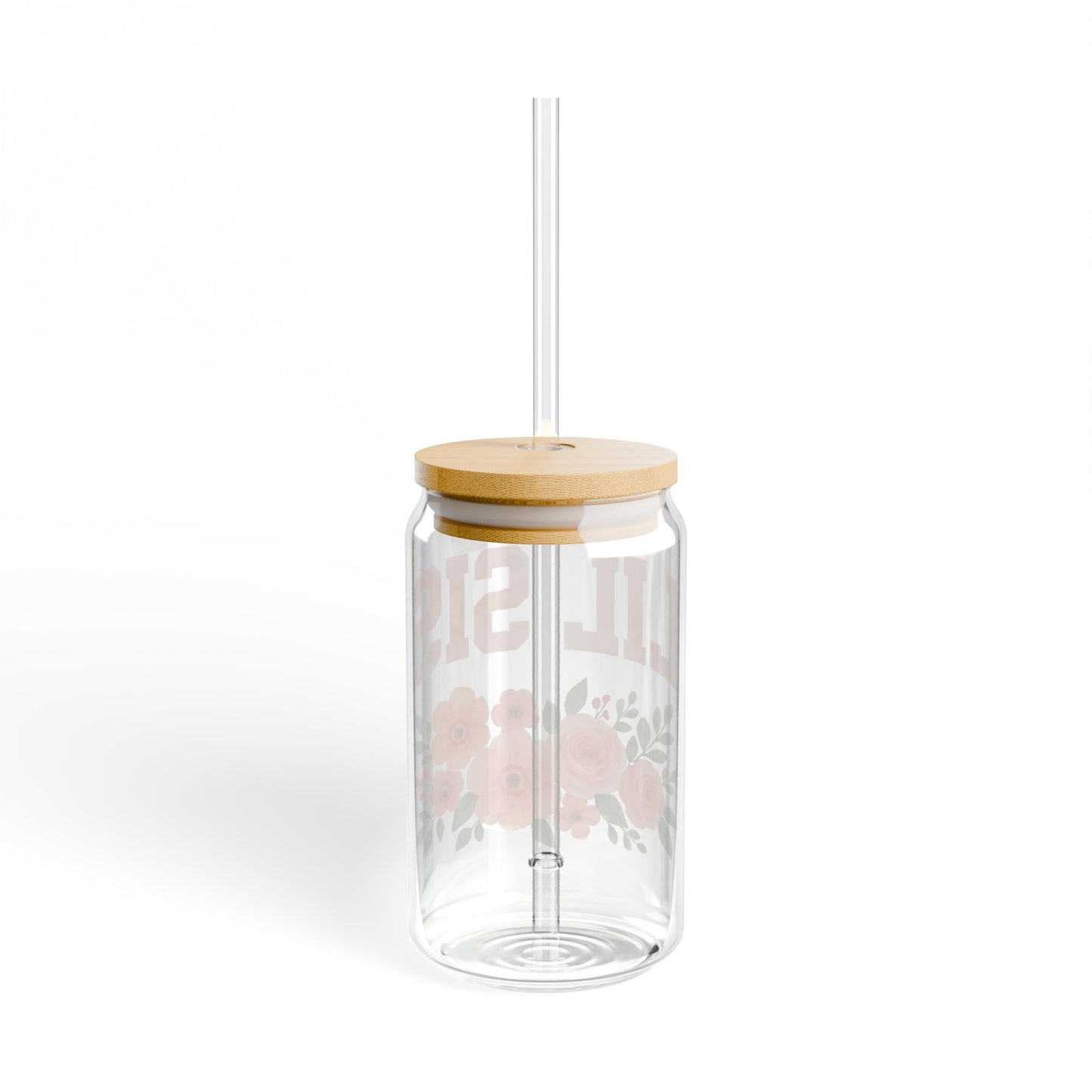 “LIL SIS” Floral Glass Can Tumbler – 16oz with Bamboo Lid & Straw