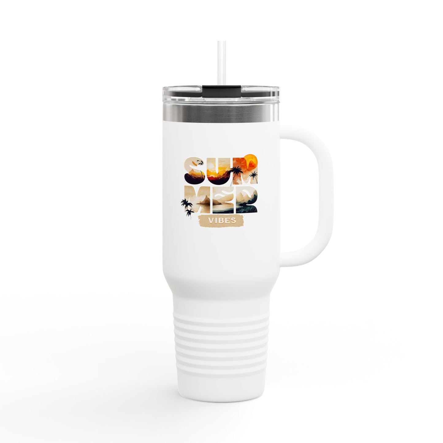 Summer Vibes Tumbler with Handle & Straw | 40 oz Insulated Mug in White, Red, Black, Teal, Blue & Gray