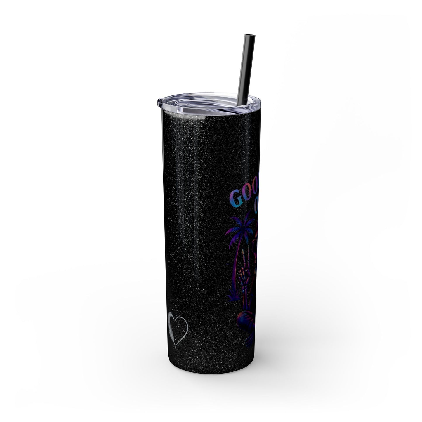 Black tumbler with palm tree design and text on a white background