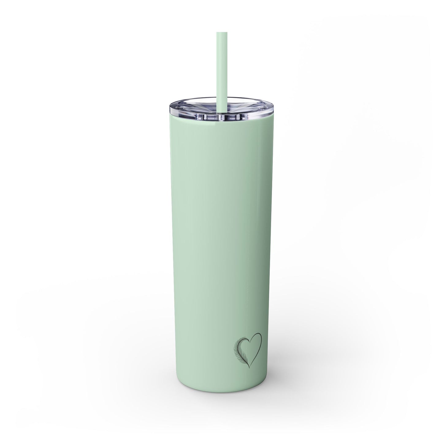 Mint green tumbler with a heart-shaped logo on a white background