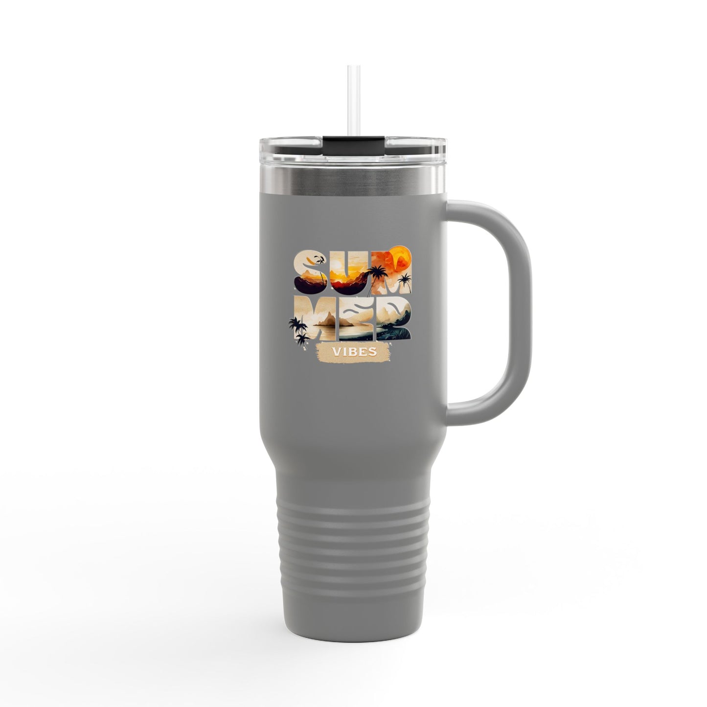 Summer Vibes Tumbler with Handle & Straw | 40 oz Insulated Mug in White, Red, Black, Teal, Blue & Gray