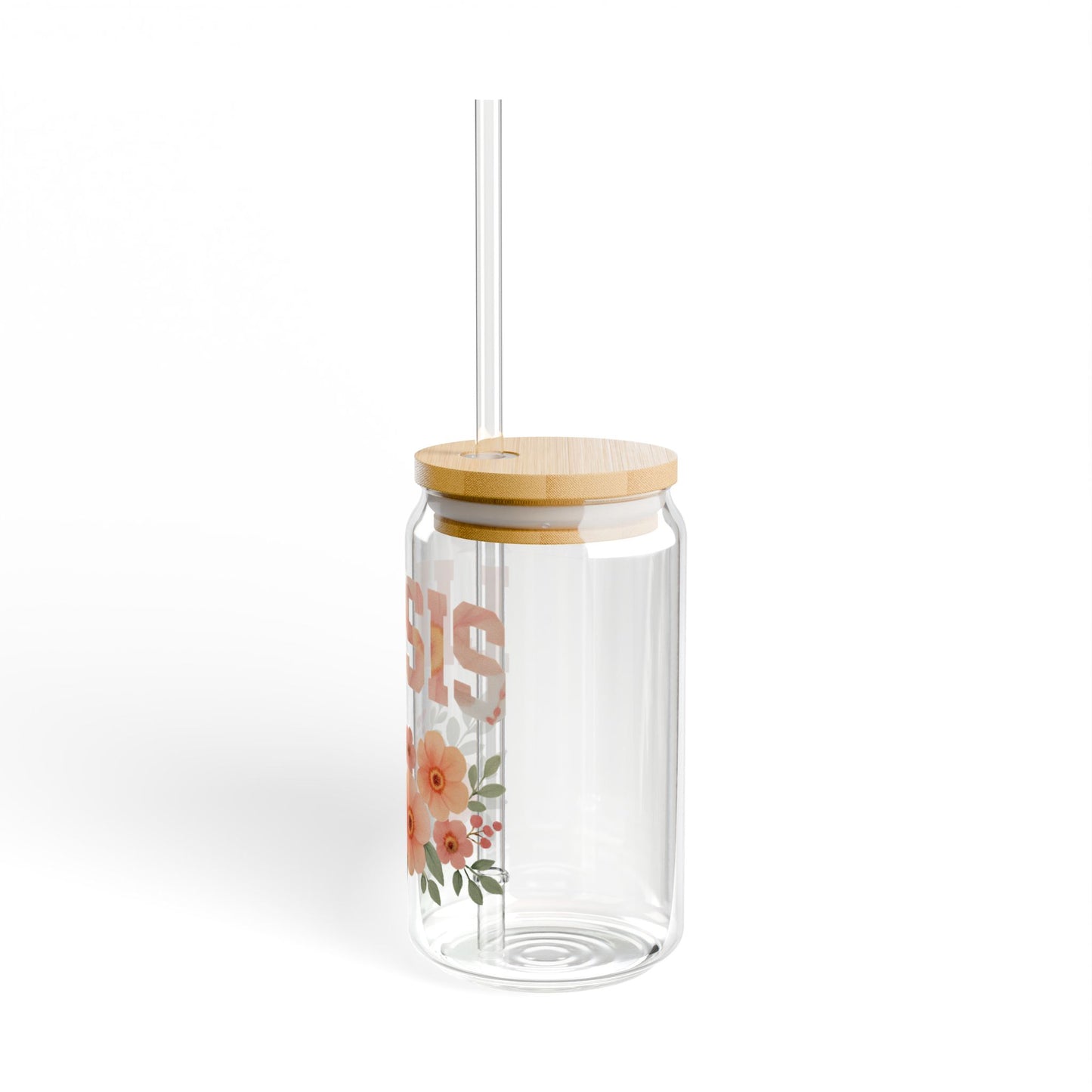 “LIL SIS” Floral Glass Can Tumbler – 16oz with Bamboo Lid & Straw