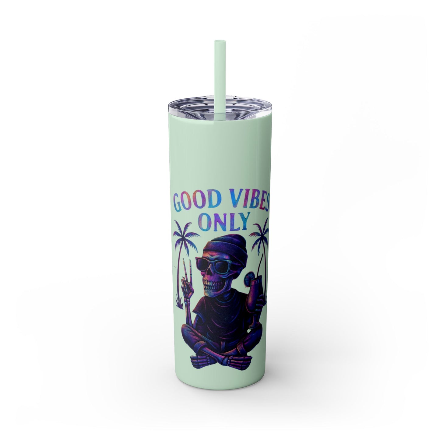 Tumbler with a design of a skeleton, palm trees, and 'Good Vibes Only' text on a light green background.