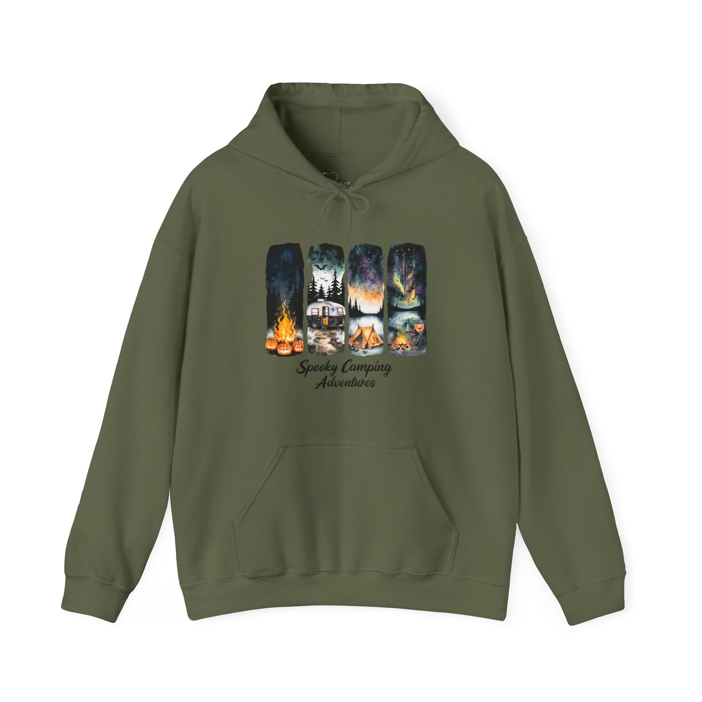 Green hoodie with a graphic design on a white background