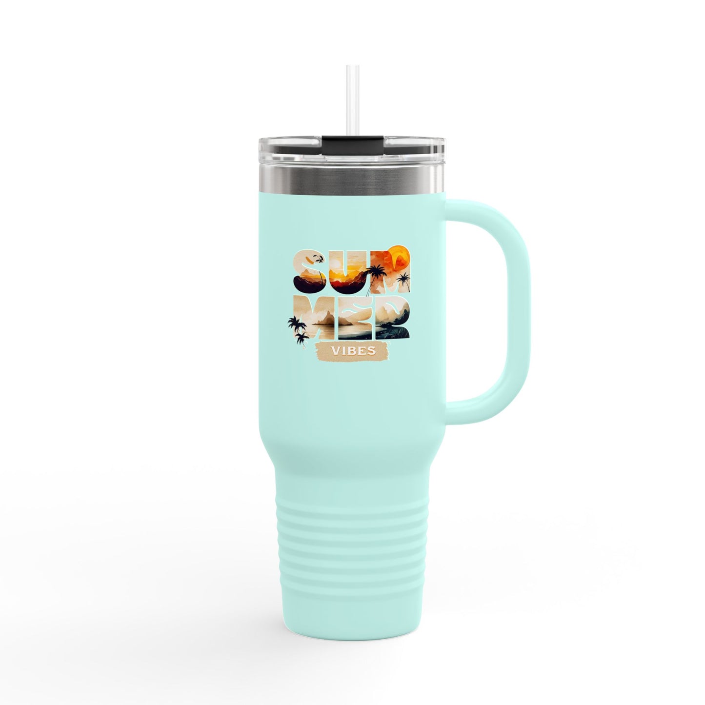 Summer Vibes Tumbler with Handle & Straw | 40 oz Insulated Mug in White, Red, Black, Teal, Blue & Gray