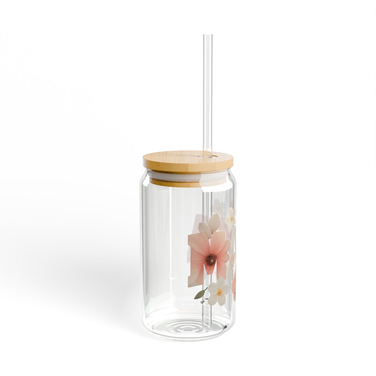 “MAMA” Floral Glass Can Tumbler with Bamboo Lid & Straw – 16oz