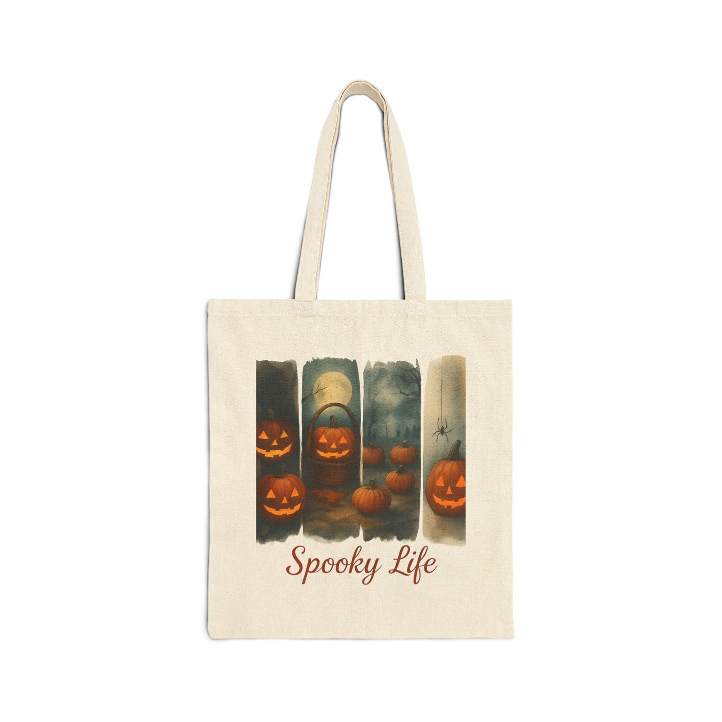 Tote bag with Halloween design featuring jack-o'-lanterns and 'Spooky Life' text on a white background