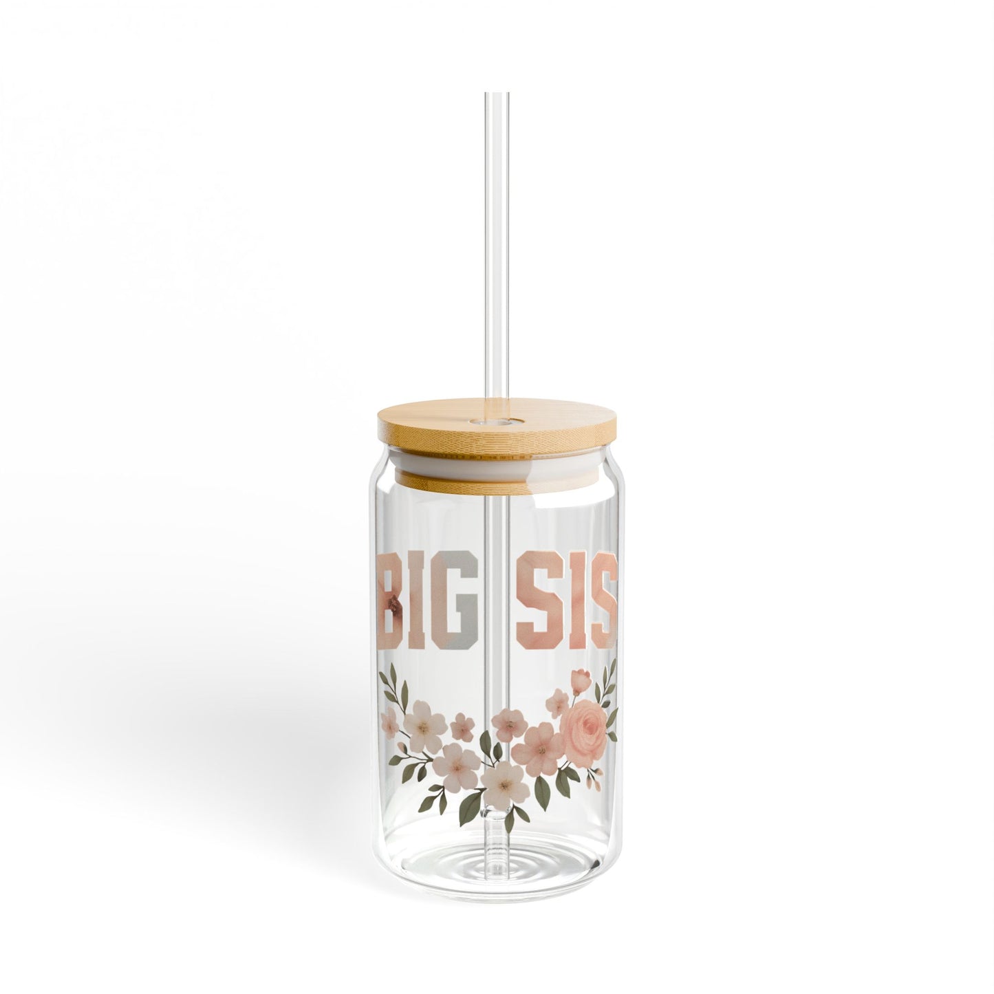 “BIG SIS” Floral Glass Can Tumbler – 16oz with Bamboo Lid & Straw