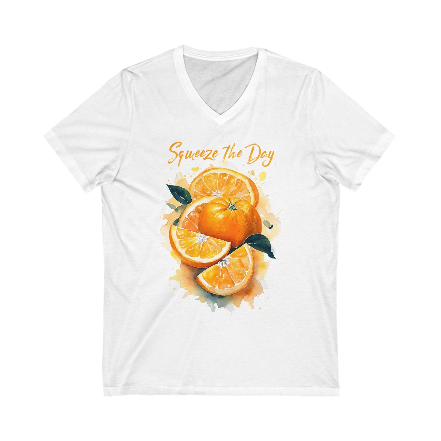 Squeeze the Day Orange Graphic V-Neck T-Shirt – Citrus Fruit Shirt – Watercolor Summer Tee – Funny Pun Shirt – Unisex Soft Tee