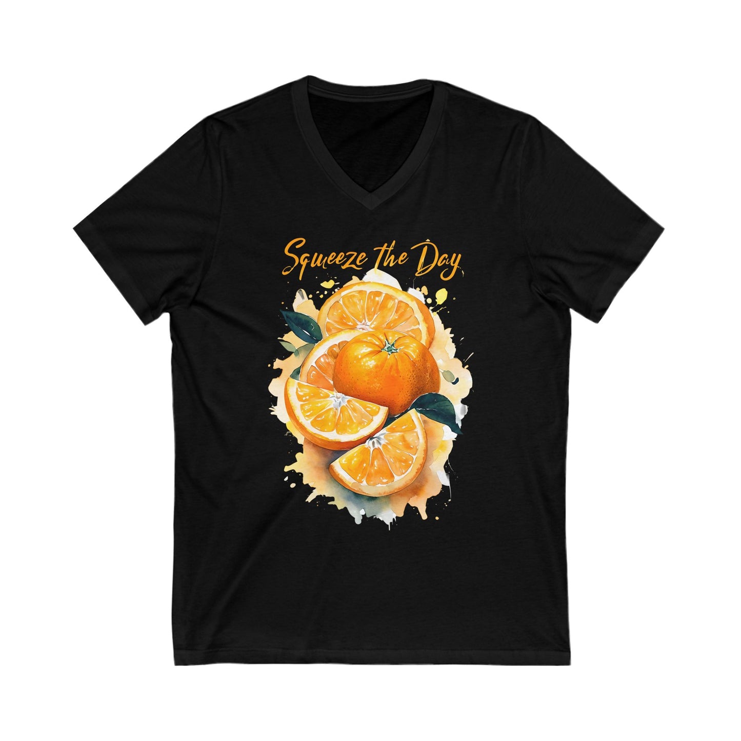Squeeze the Day Orange Graphic V-Neck T-Shirt – Citrus Fruit Shirt – Watercolor Summer Tee – Funny Pun Shirt – Unisex Soft Tee
