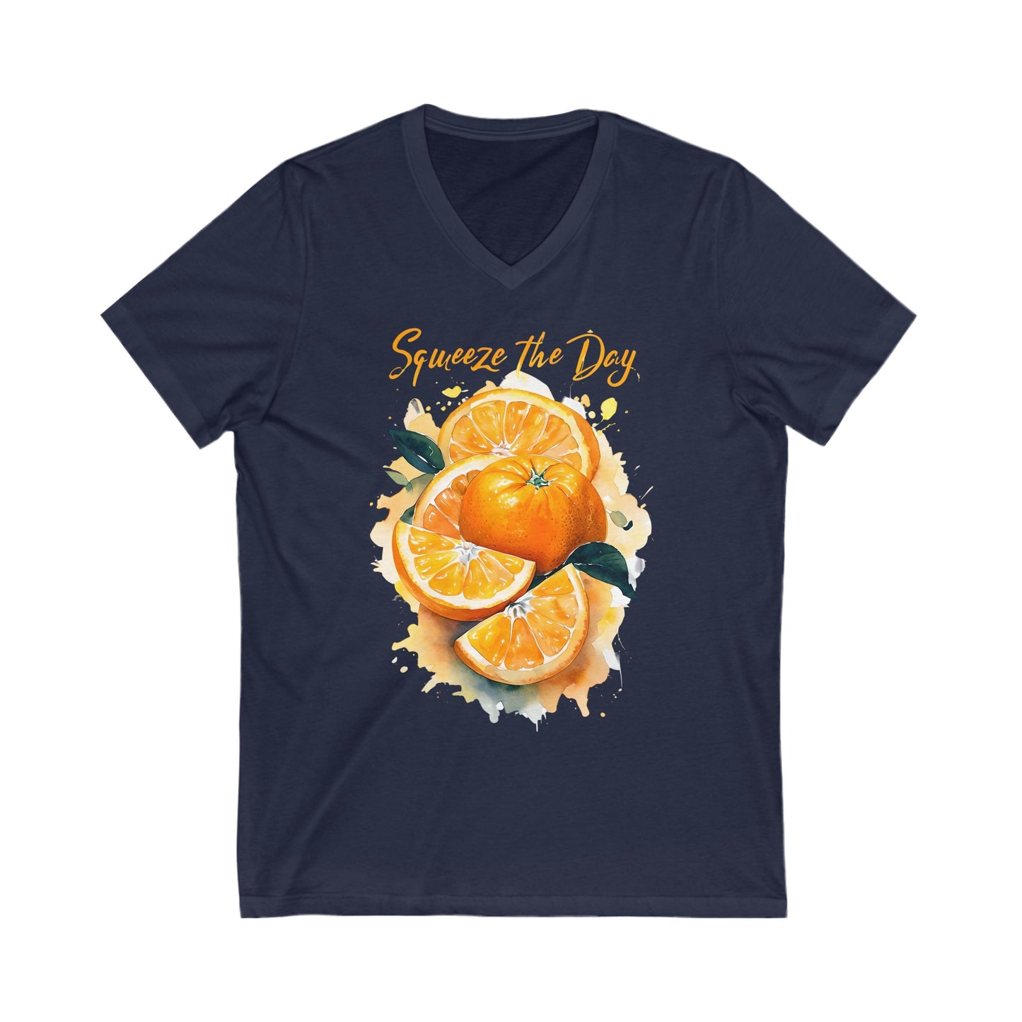 Squeeze the Day Orange Graphic V-Neck T-Shirt – Citrus Fruit Shirt – Watercolor Summer Tee – Funny Pun Shirt – Unisex Soft Tee