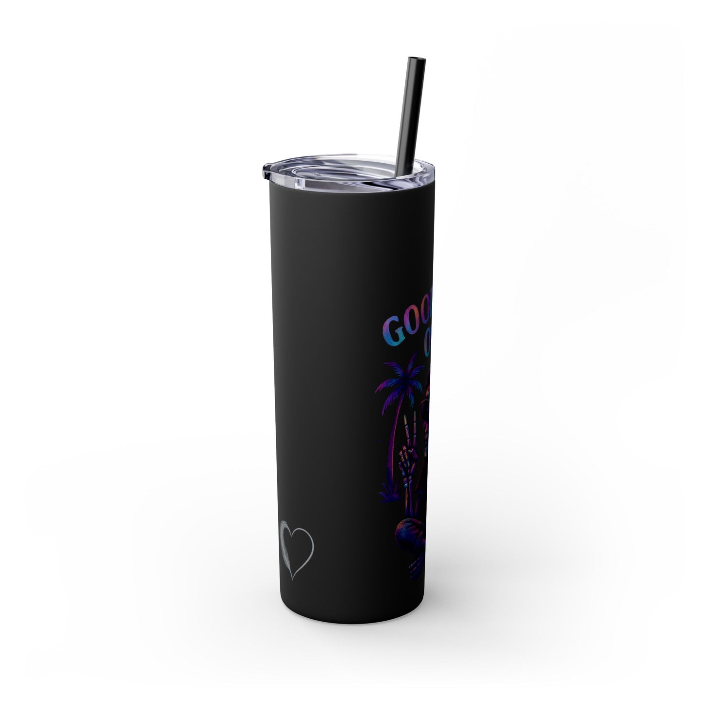 Black tumbler with palm tree design and text on a white background