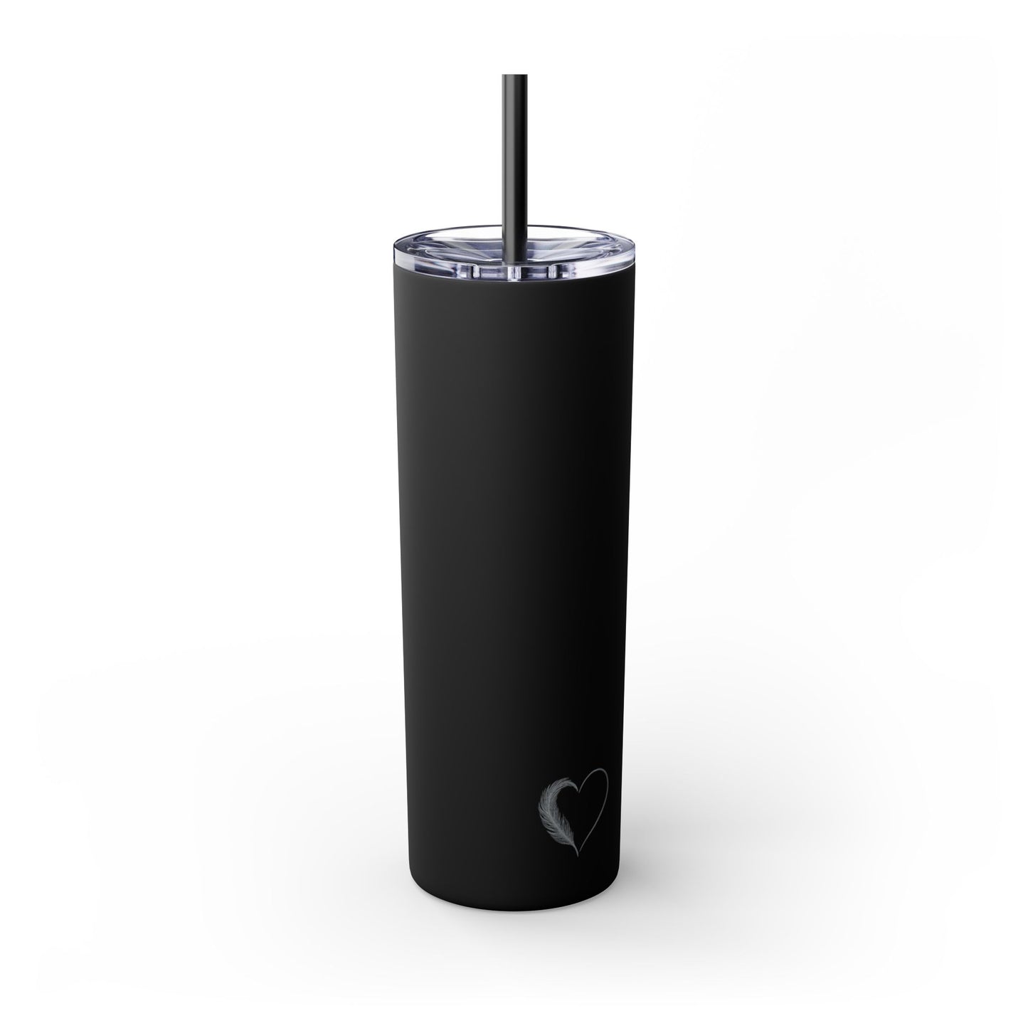 Black tumbler with a heart design on a white background