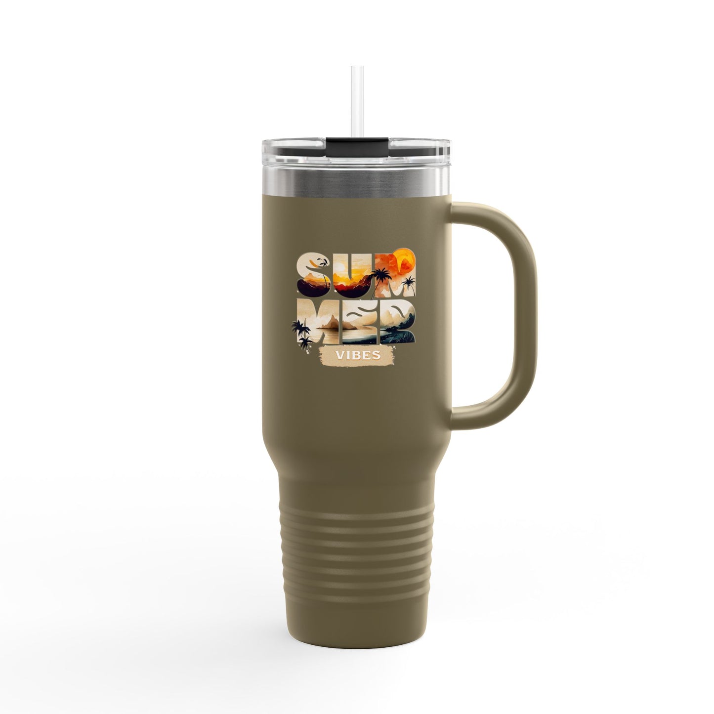 Summer Vibes Tumbler with Handle & Straw | 40 oz Insulated Mug in White, Red, Black, Teal, Blue & Gray