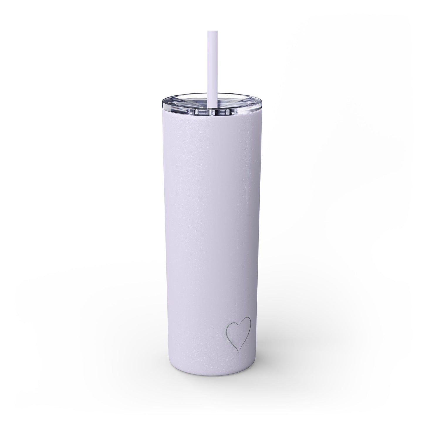 White tumbler with a heart design and straw on a white background
