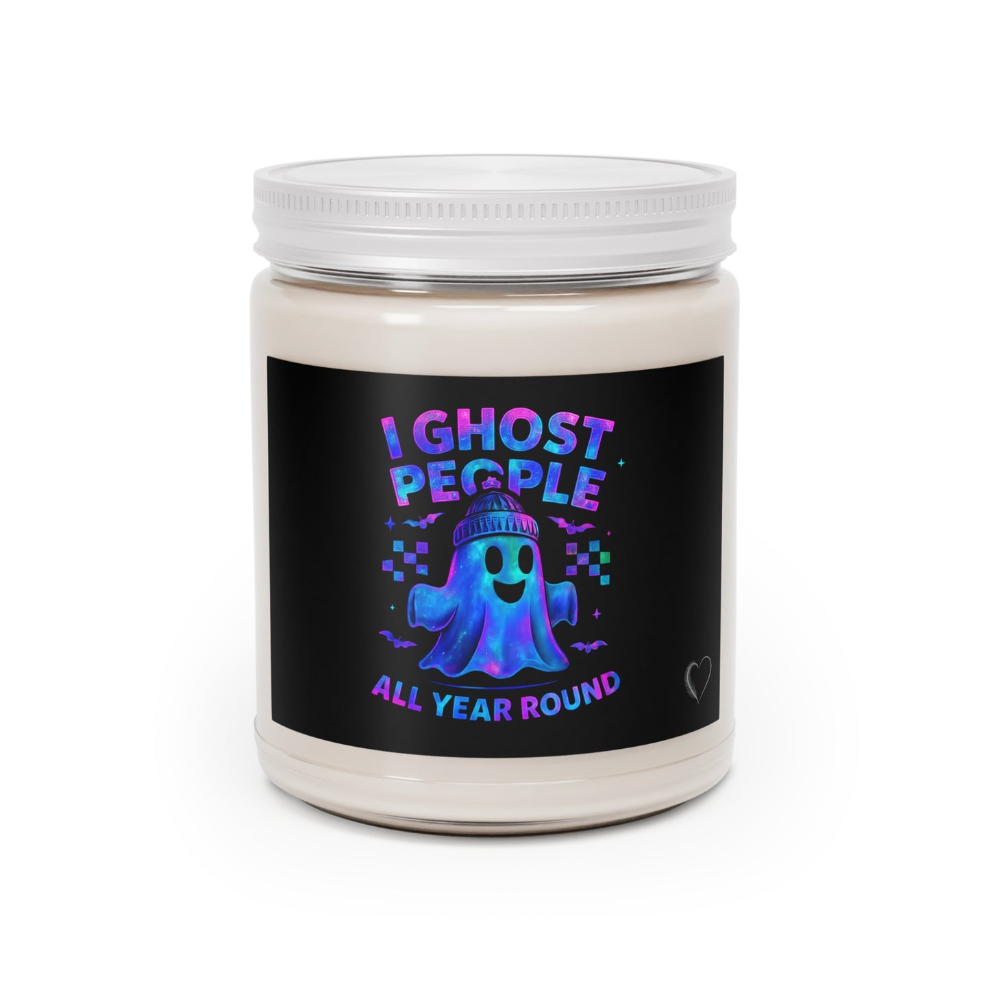 Jar with a label featuring a ghost illustration and text on a white background