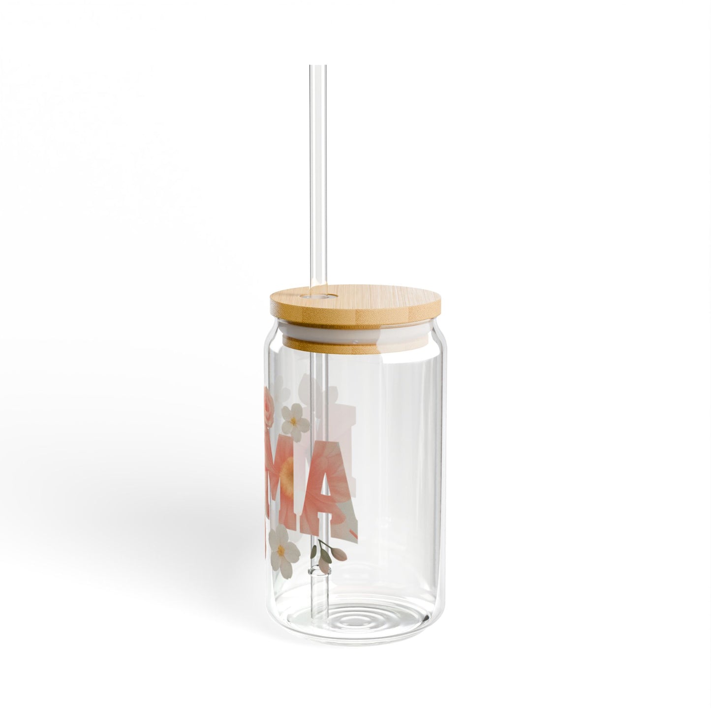 “MAMA” Floral Glass Can Tumbler with Bamboo Lid & Straw – 16oz