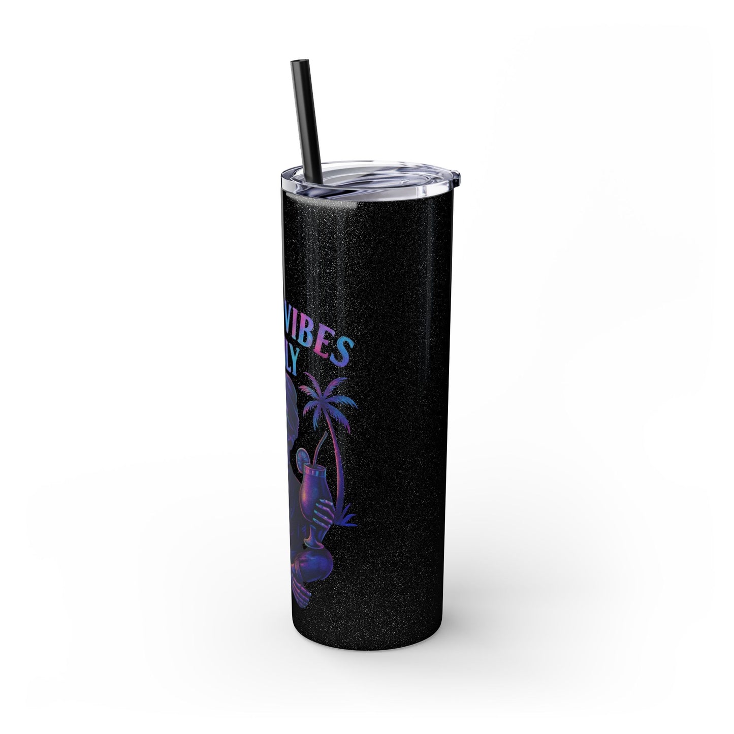 Black tumbler with palm tree design and 'Vibes' text on a white background