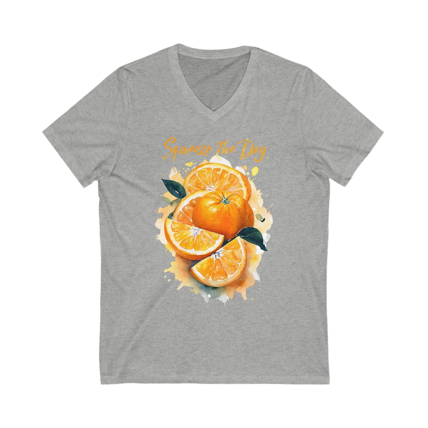 Squeeze the Day Orange Graphic V-Neck T-Shirt – Citrus Fruit Shirt – Watercolor Summer Tee – Funny Pun Shirt – Unisex Soft Tee