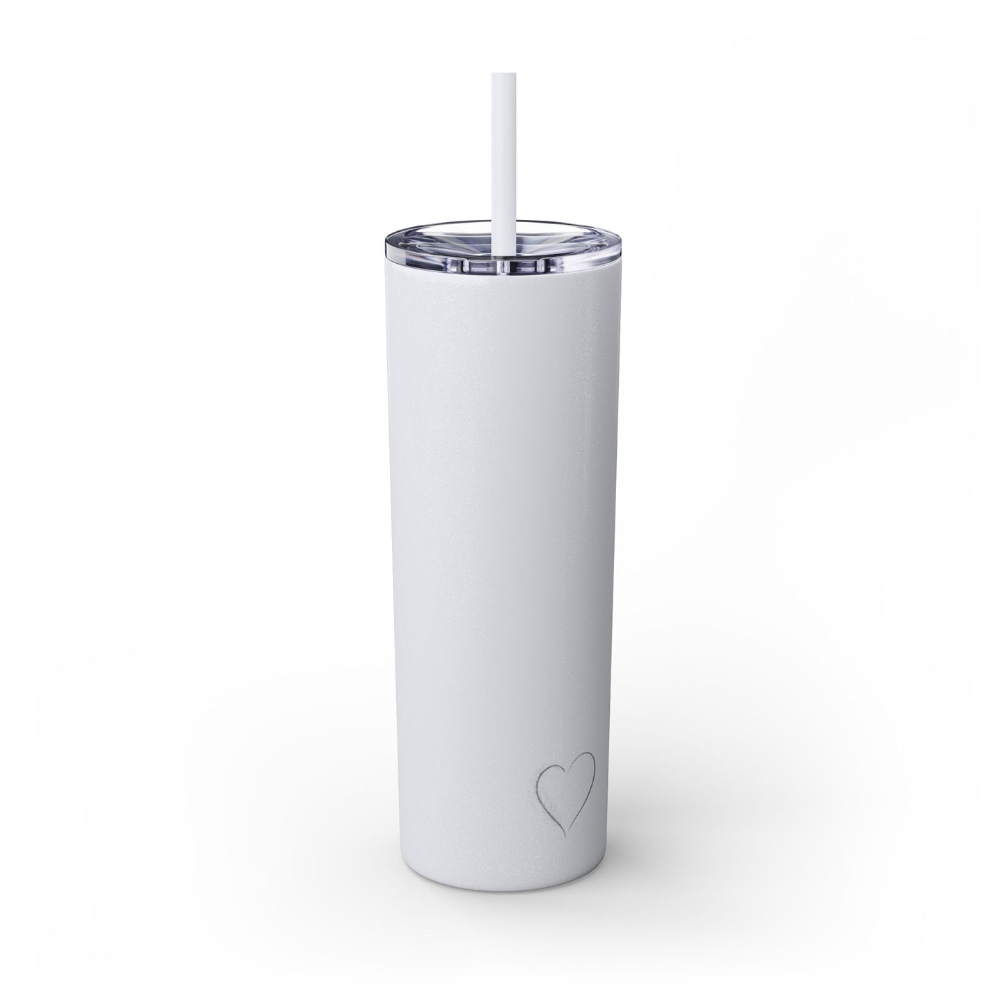 White tumbler with a heart design on a white background