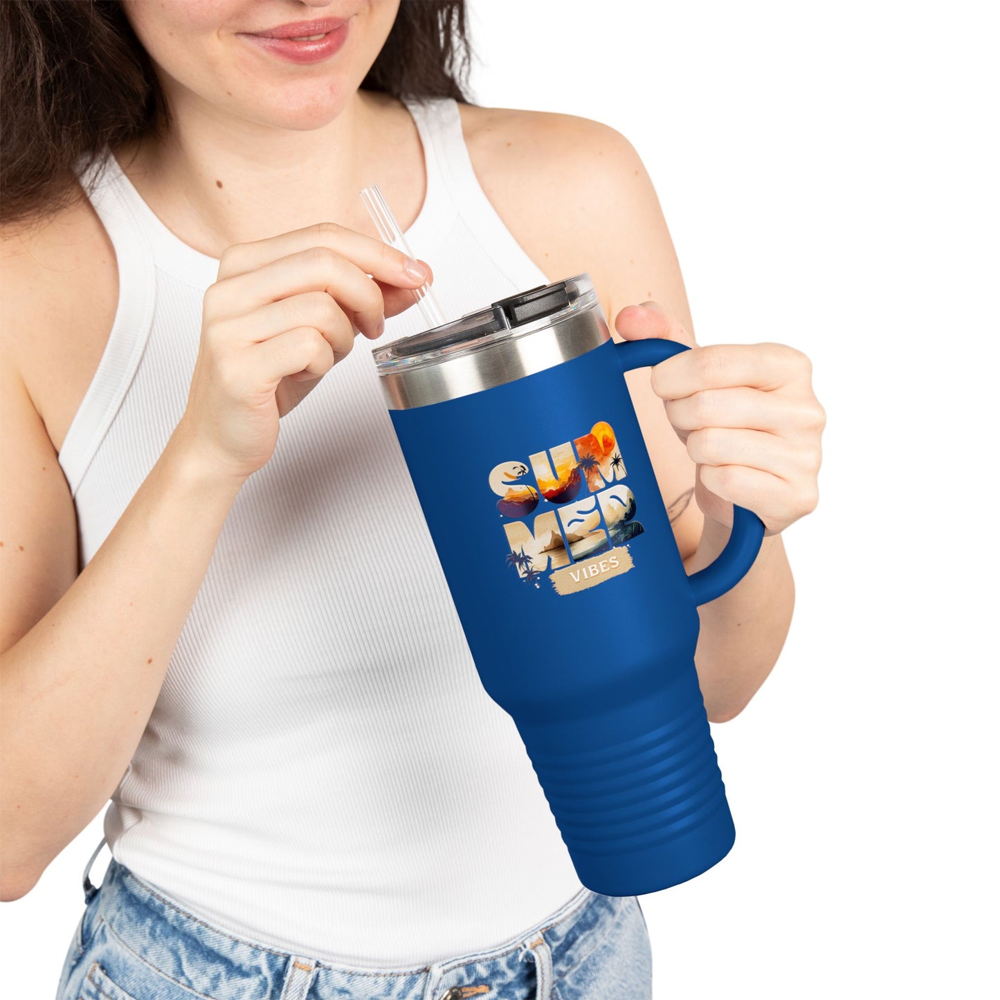 Summer Vibes Tumbler with Handle & Straw | 40 oz Insulated Mug in White, Red, Black, Teal, Blue & Gray