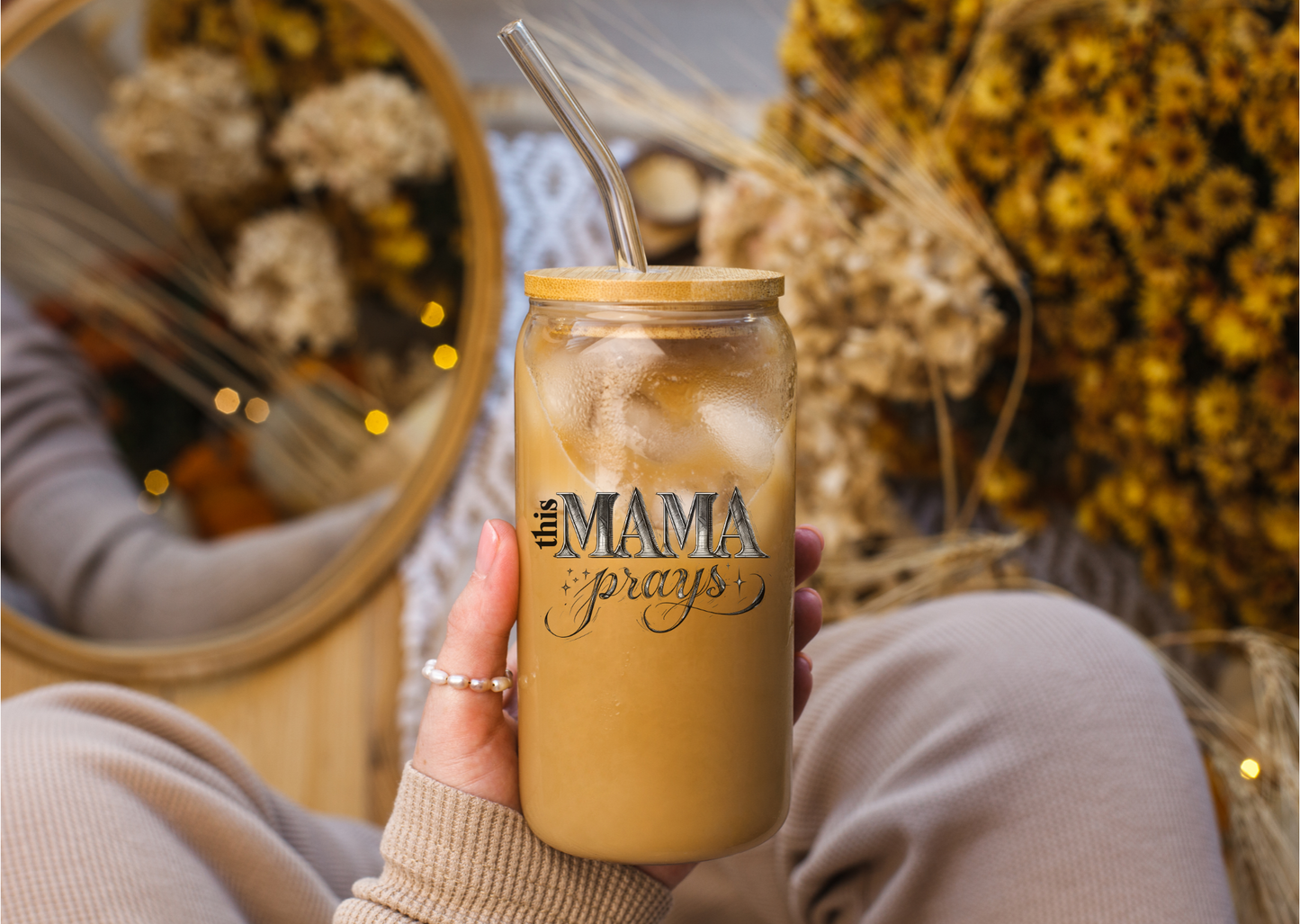 "This MAMA Prays" Glass Can Tumbler | Faith-Based Mom Gift | 16oz with Bamboo Lid | Daily Essentials Collection