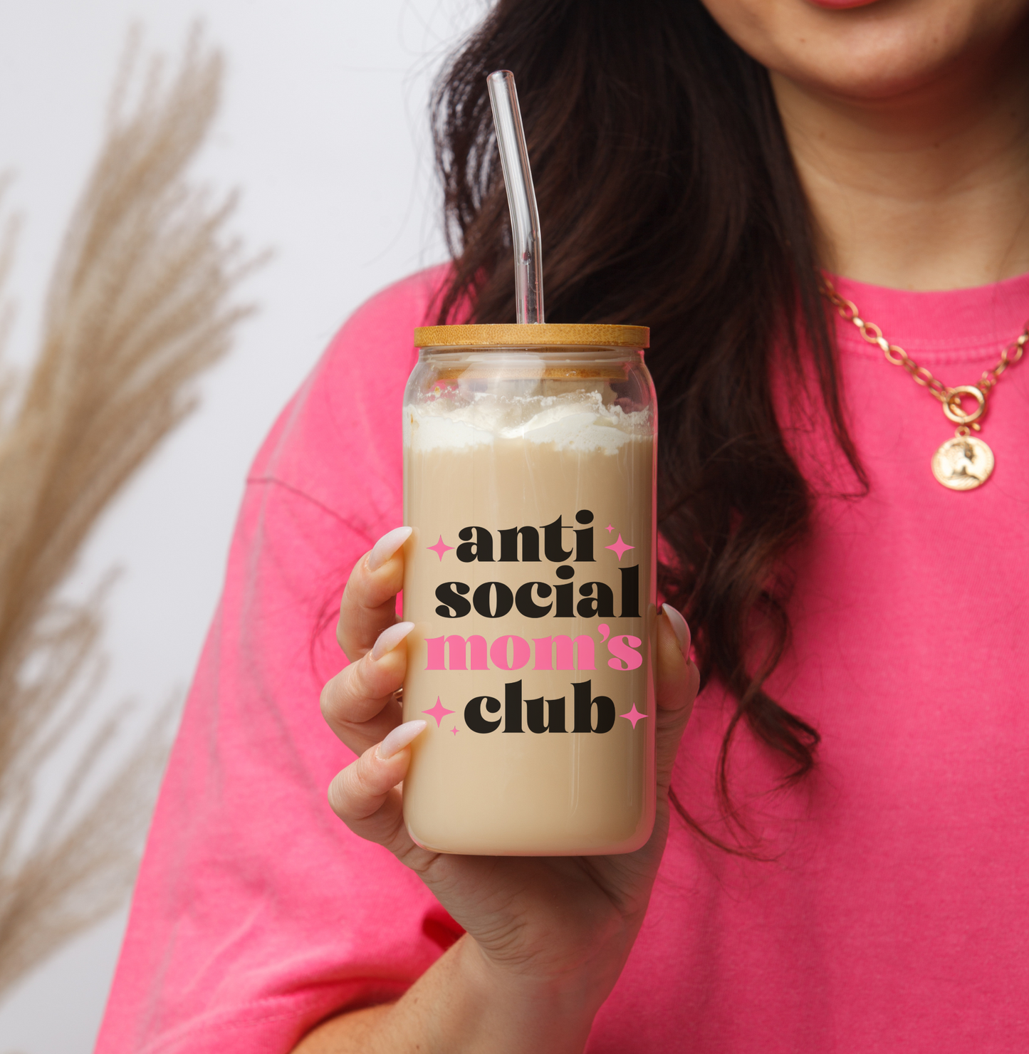 Anti-Social Mom’s Club Iced Coffee Glass with Bamboo Lid & Straw