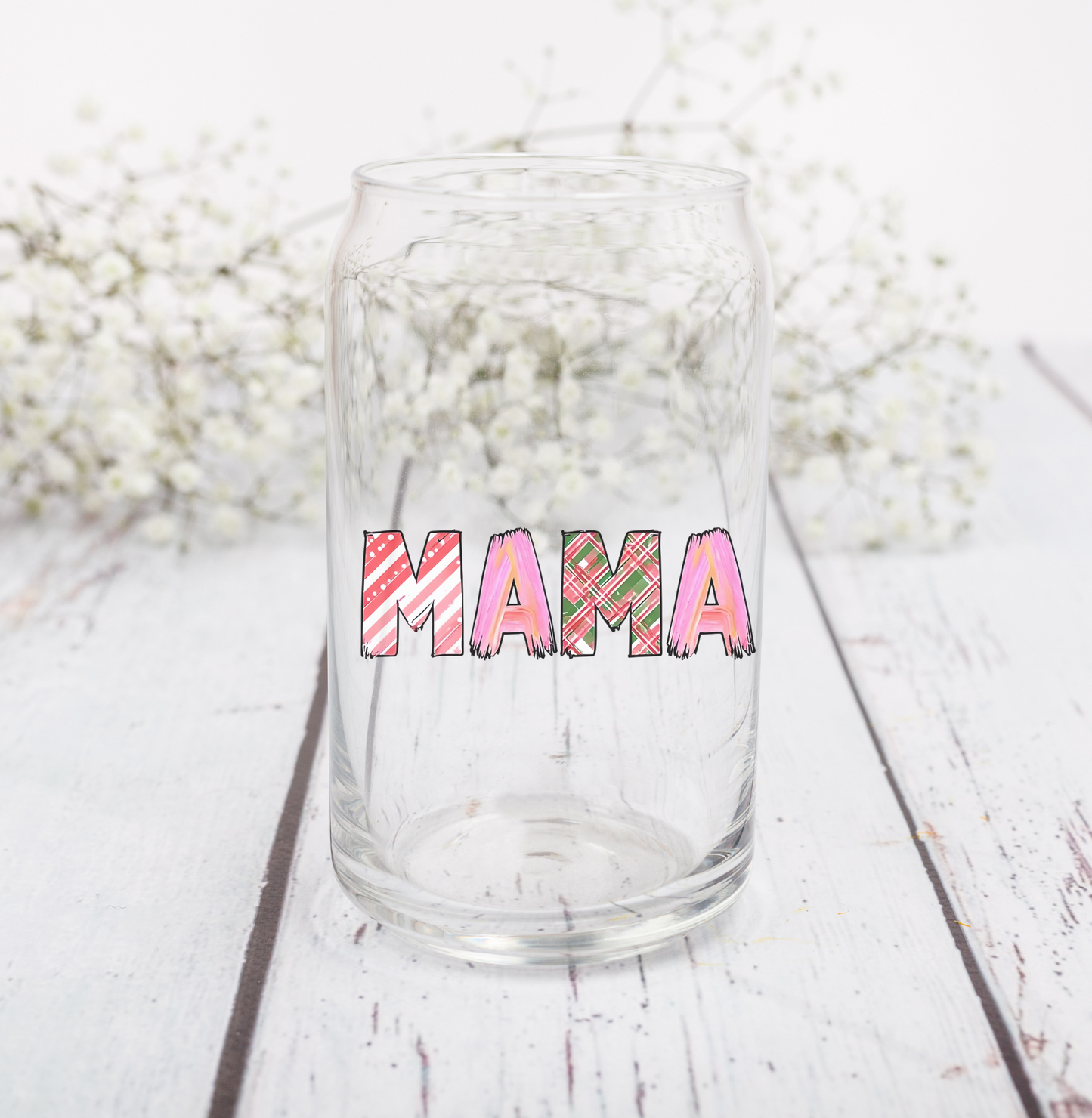 "MAMA" Glass Tumbler | Pink Patterned Design | 16oz Mason Jar with Bamboo Lid | Daily Essentials Collection