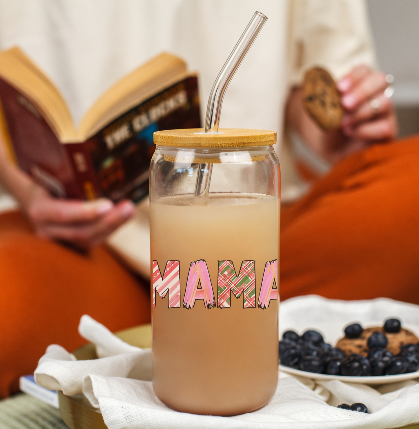 "MAMA" Glass Tumbler | Pink Patterned Design | 16oz Mason Jar with Bamboo Lid | Daily Essentials Collection