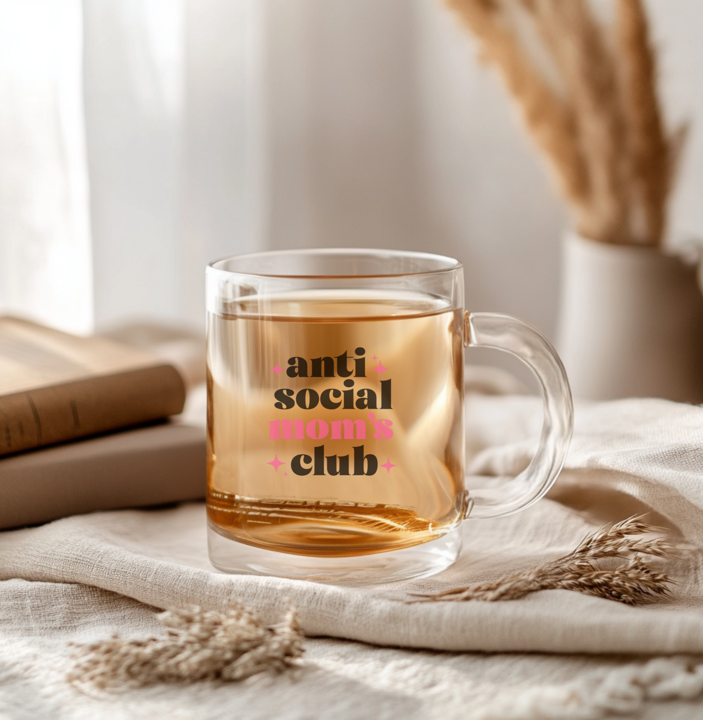 "Anti Social Mom's Club" Glass Mug | Funny Mom Coffee Cup | 16oz Clear Tea Mug | Daily Essentials Collection