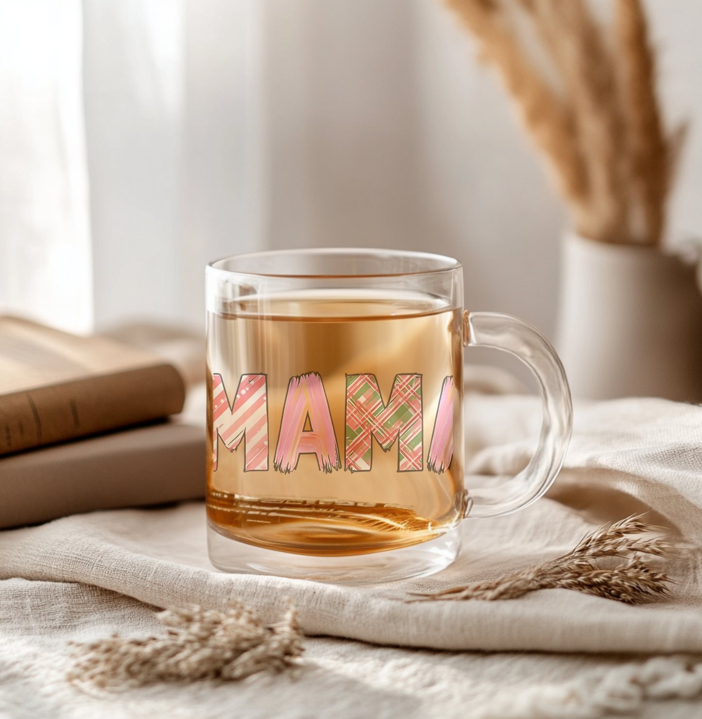 "MAMA" Glass Coffee Mug | Pink Patterned Design | 16oz Clear Tea Cup | Mother's Day Gift