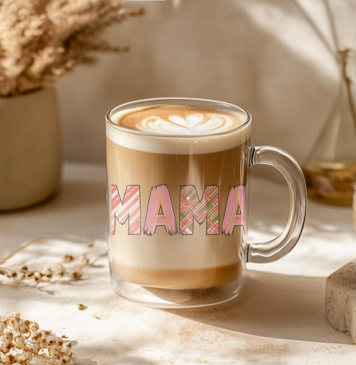 "MAMA" Glass Coffee Mug | Pink Patterned Design | 16oz Clear Tea Cup | Mother's Day Gift