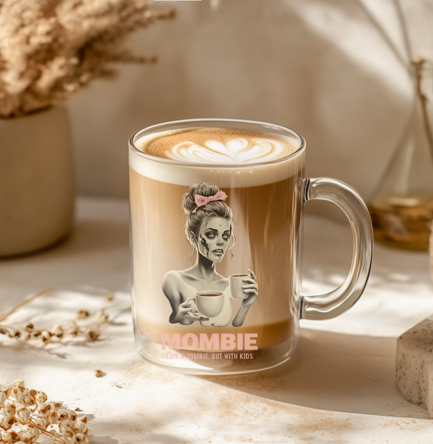 "Mombie" Glass Tea Mug | Funny Mom Gift | 16oz Clear Coffee Cup | Daily Essentials Collection