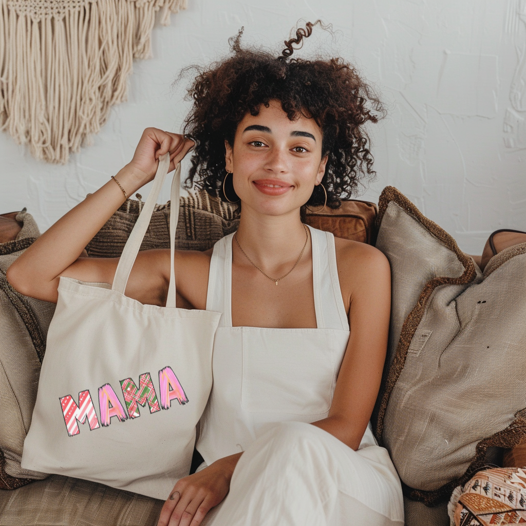 Plaid MAMA Canvas Tote Bag | Mom Life Essential | Shopping Bag