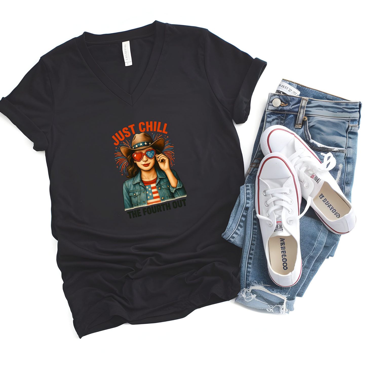 "Just Chill The Fourth Out" Patriotic V-Neck Tee – 4th of July Graphic T-Shirt