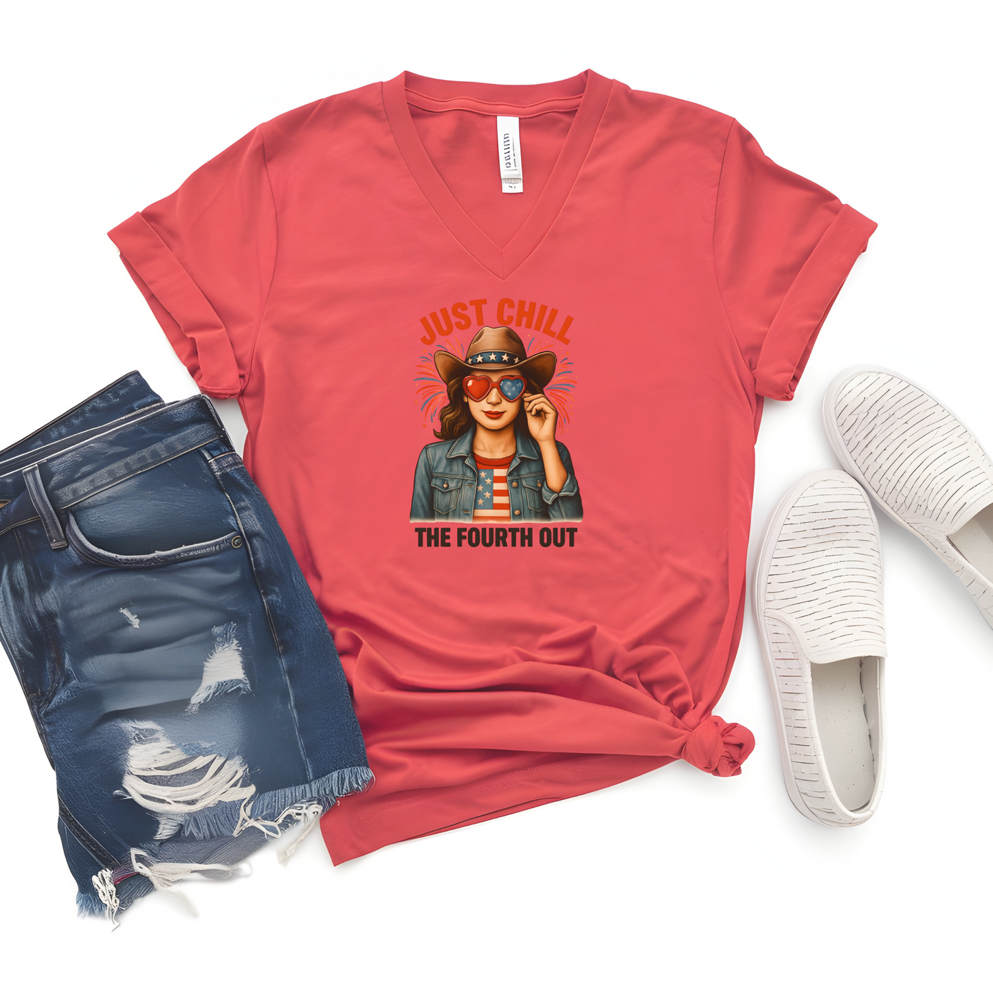"Just Chill The Fourth Out" Patriotic V-Neck Tee – 4th of July Graphic T-Shirt