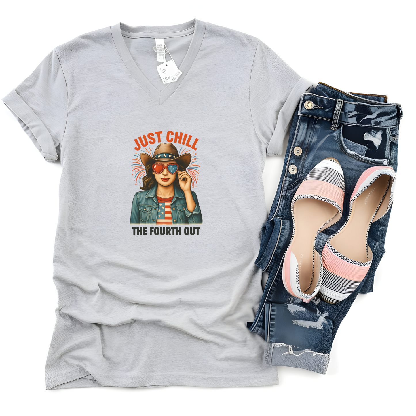 "Just Chill The Fourth Out" Patriotic V-Neck Tee – 4th of July Graphic T-Shirt