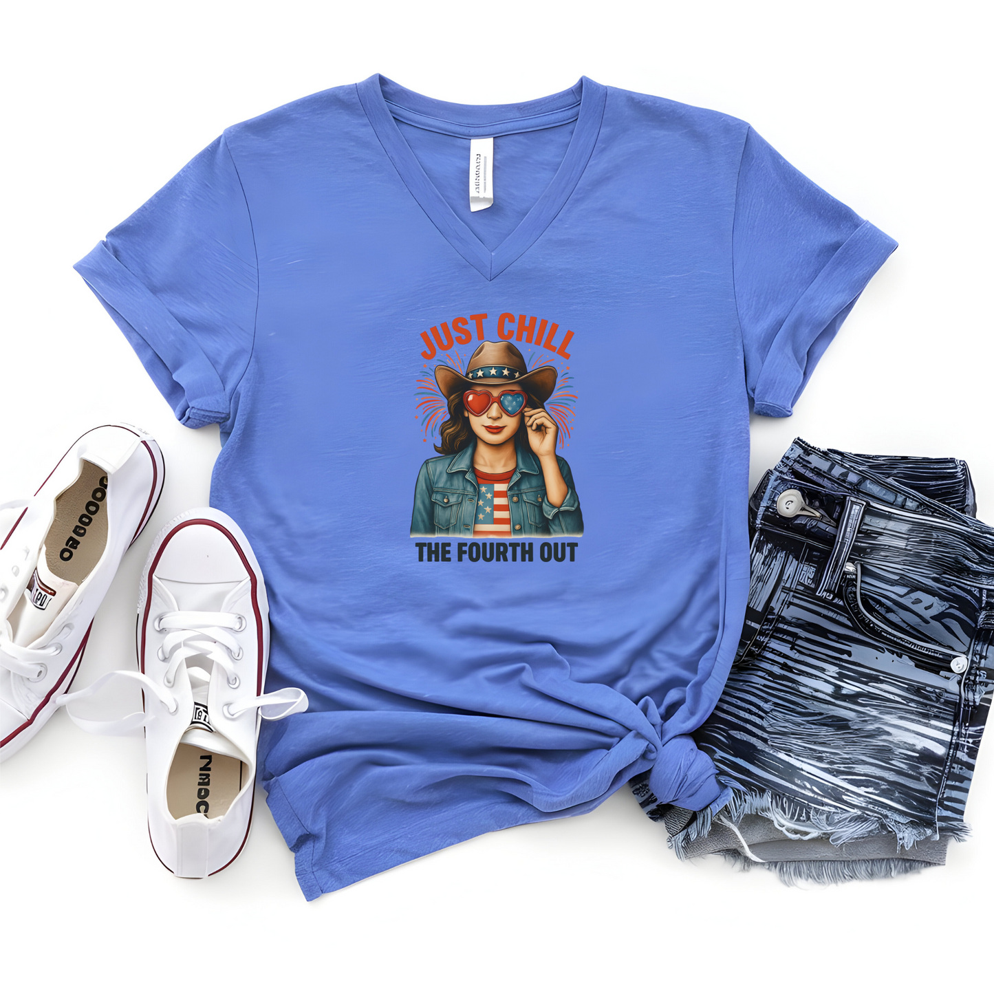 "Just Chill The Fourth Out" Patriotic V-Neck Tee – 4th of July Graphic T-Shirt