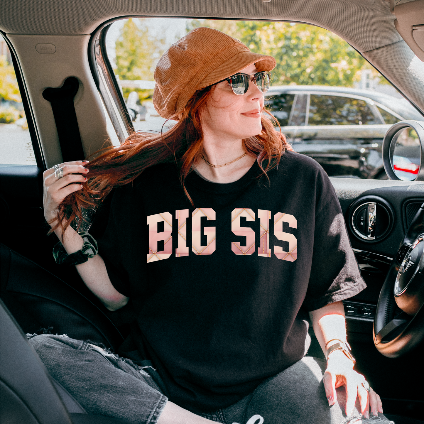 “BIG SIS” Pink Geometric Tee – Stylish Sibling Shirt for Girls
