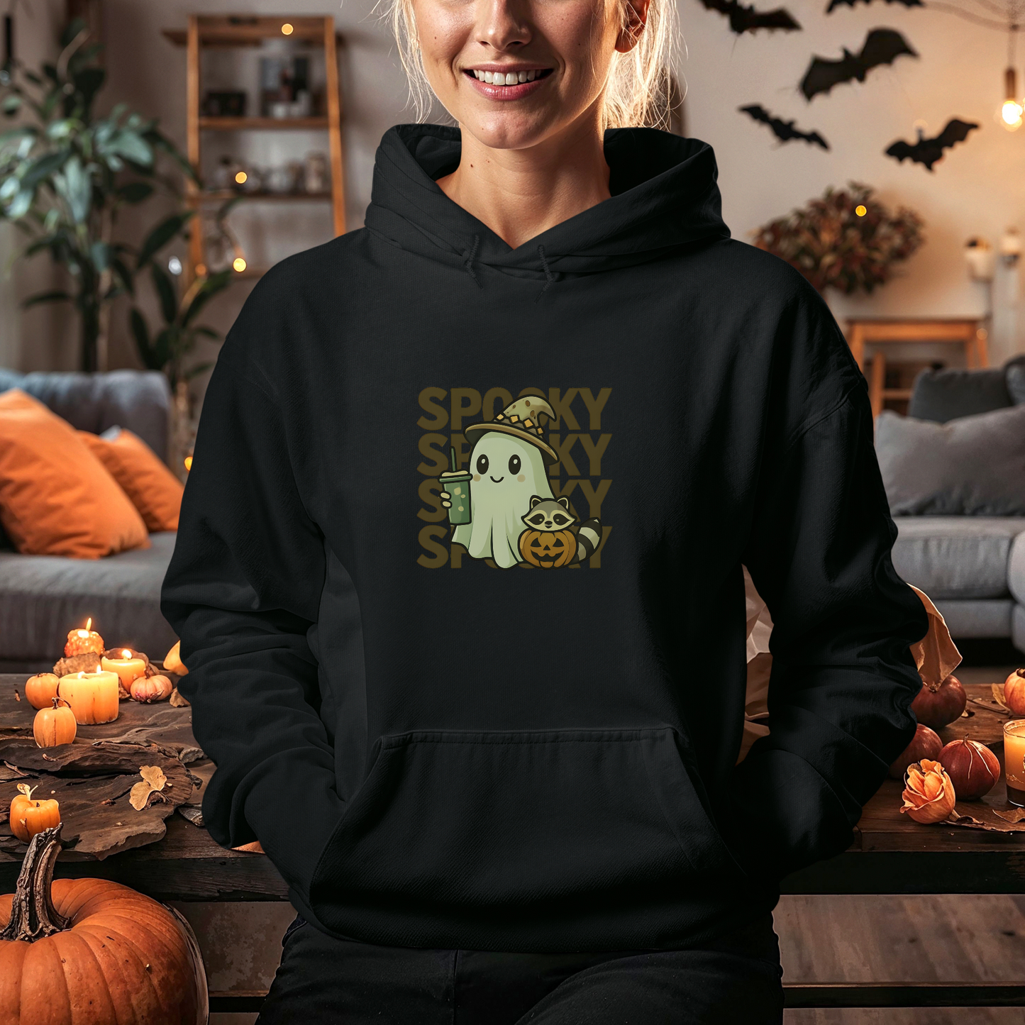 Cute Spooky Hoodie - Kawaii Halloween Ghost & Raccoon Apparel