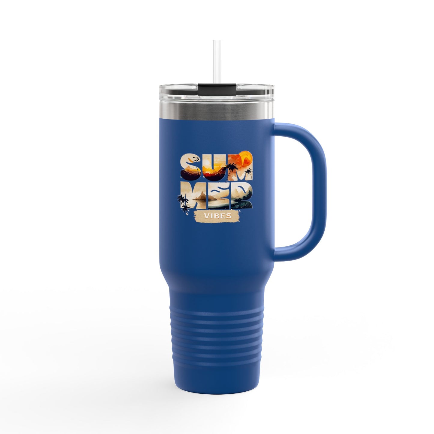 Summer Vibes Tumbler with Handle & Straw | 40 oz Insulated Mug in White, Red, Black, Teal, Blue & Gray