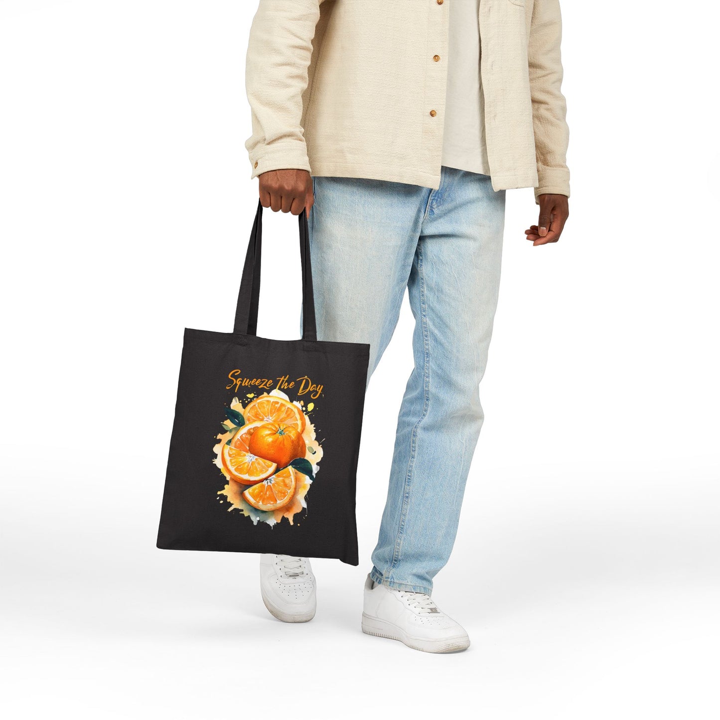 Squeeze the Day Orange Tote Bag β Reusable Canvas Bag with Citrus Fruit Design, Eco-Friendly Grocery Tote, Motivational Gift Idea
