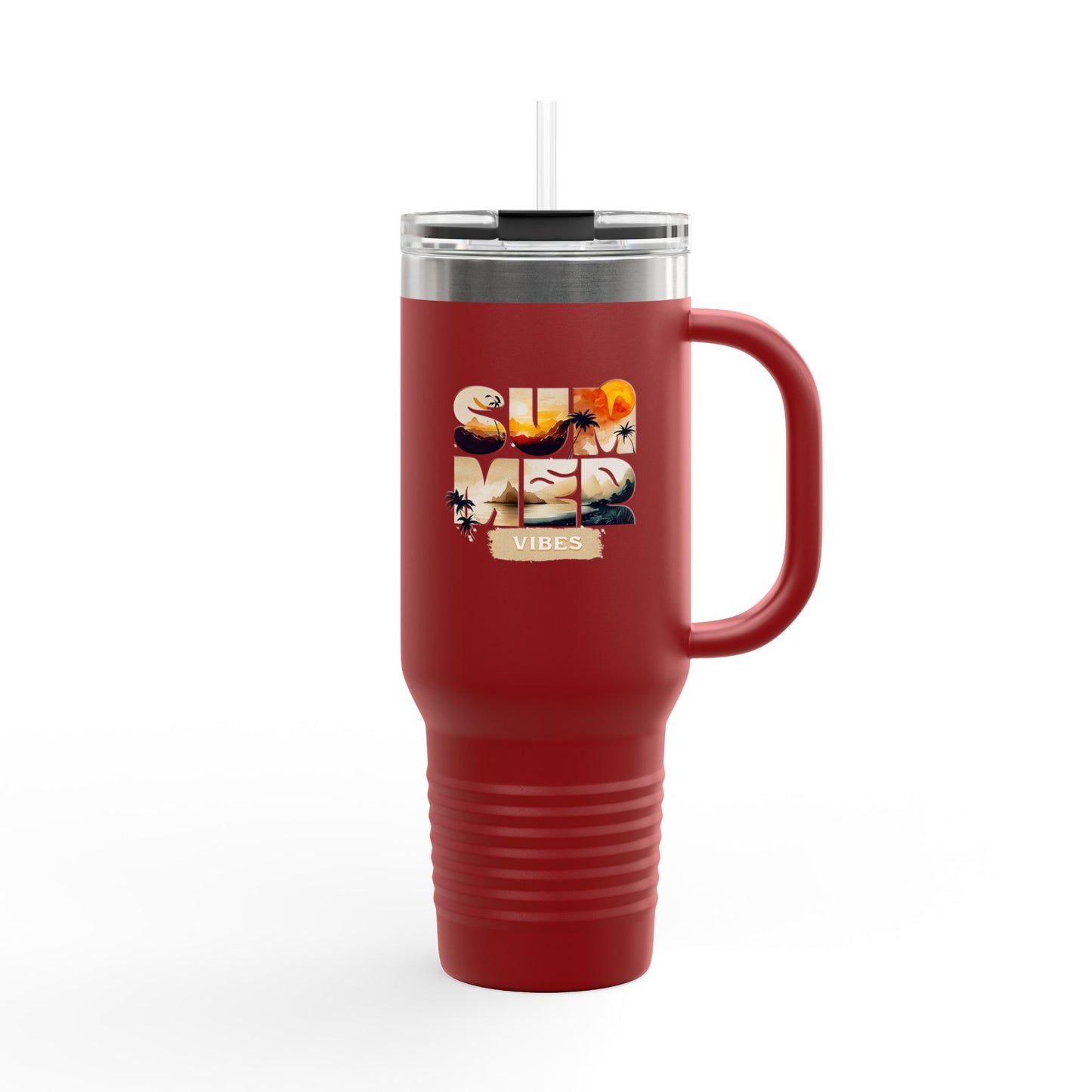 Summer Vibes Tumbler with Handle & Straw | 40 oz Insulated Mug in White, Red, Black, Teal, Blue & Gray