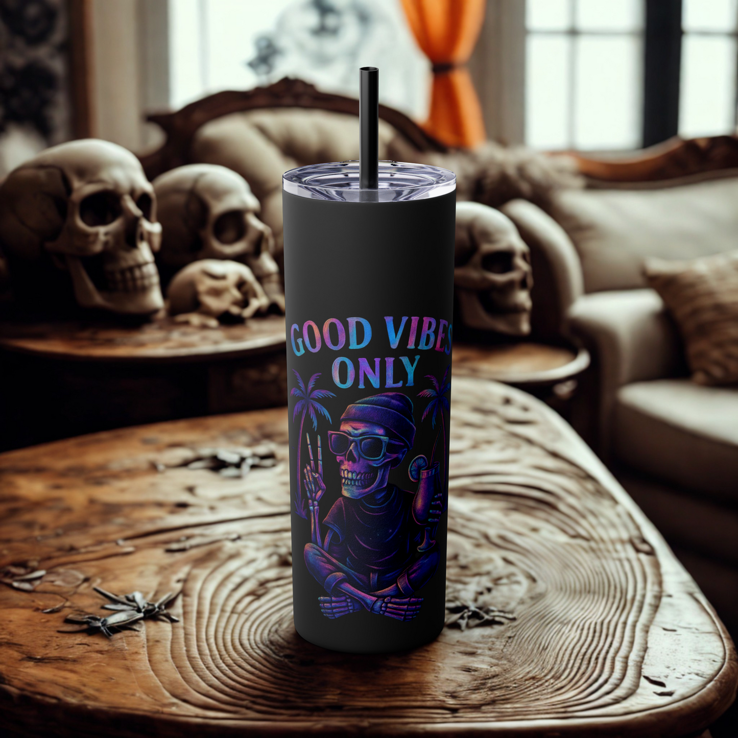 Good Vibes Only 20oz Skinny Tumbler - Cool Skeleton Neon Drinkware