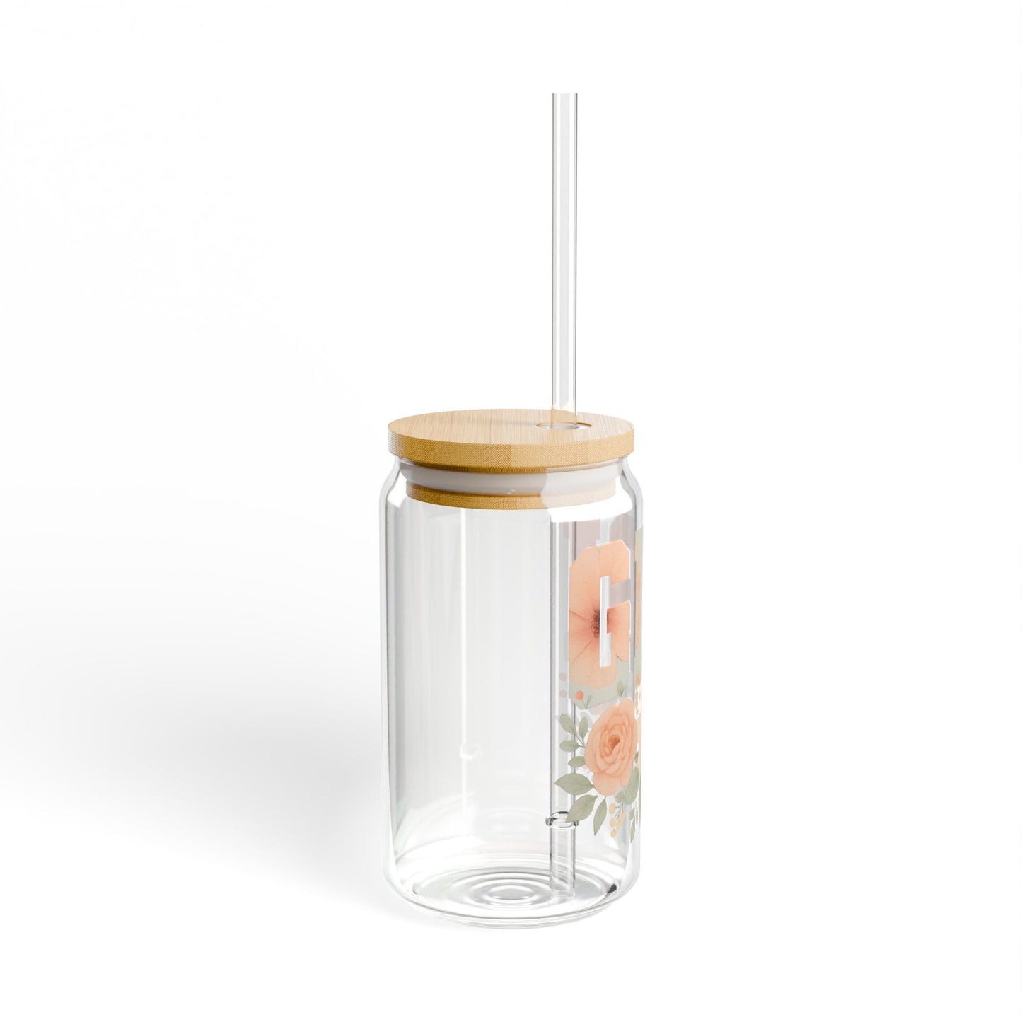 “GIGI” Floral Glass Can Tumbler – 16oz with Bamboo Lid & Straw