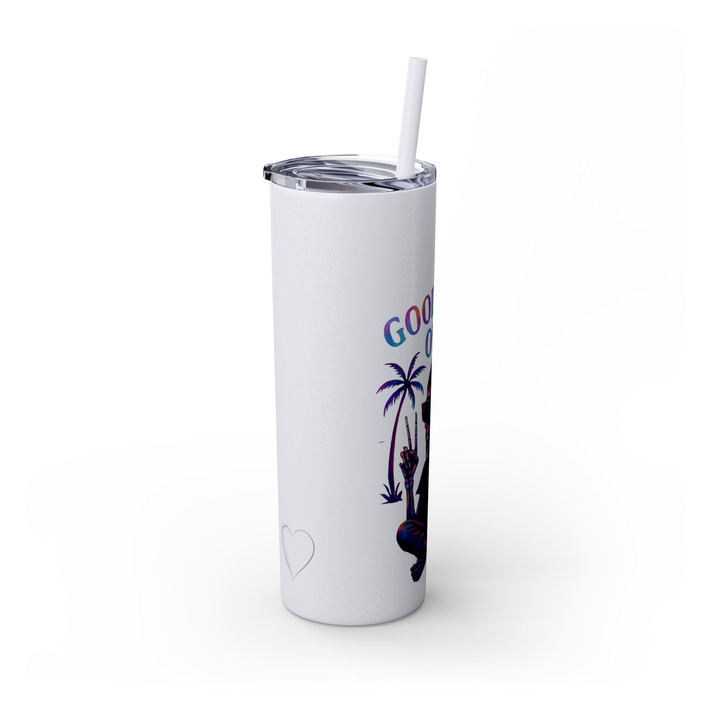 White tumbler with palm tree design and 'Good Vibes' text on a white background