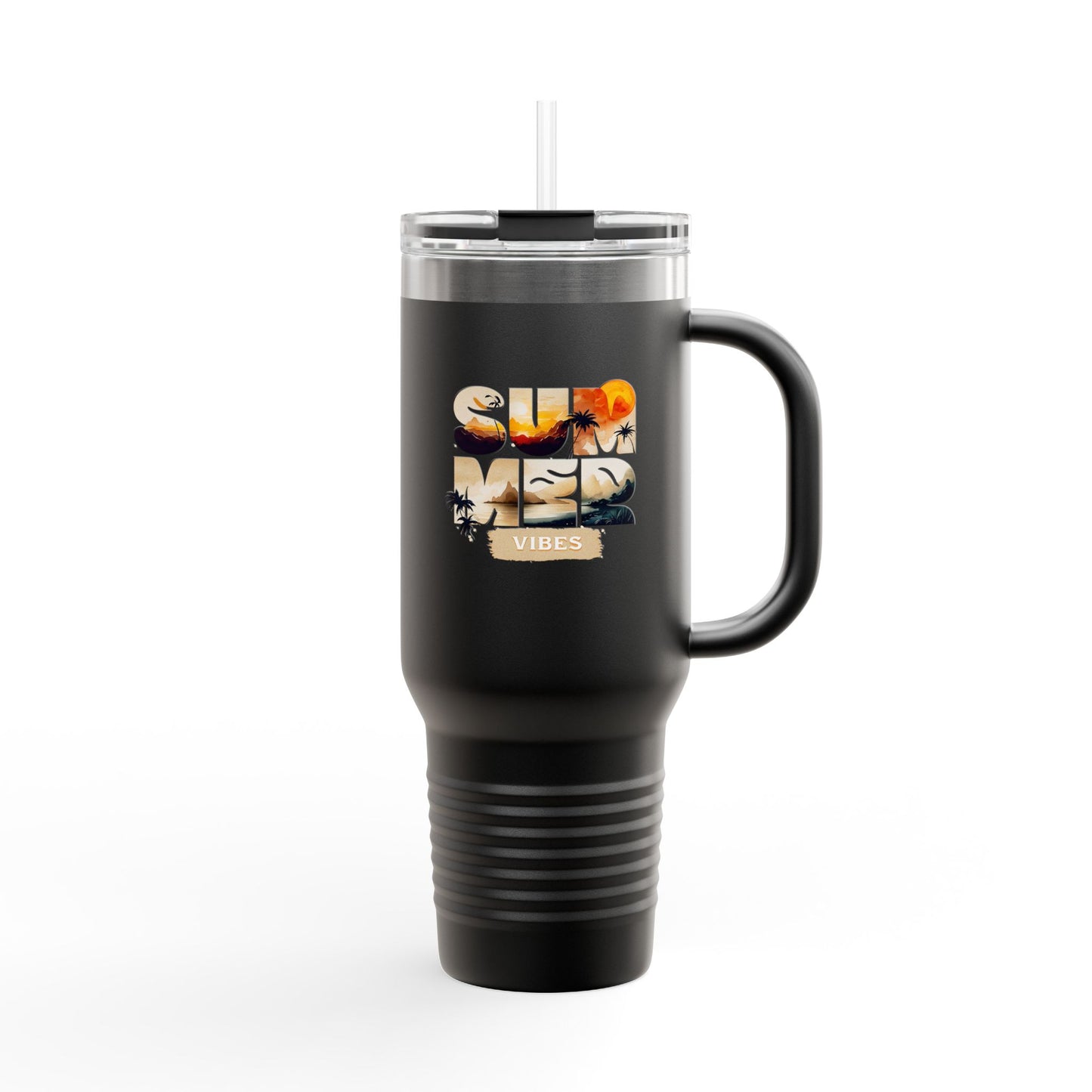Summer Vibes Tumbler with Handle & Straw | 40 oz Insulated Mug in White, Red, Black, Teal, Blue & Gray